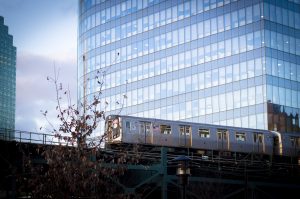 new York metro train next to building